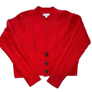 ON 34th Red Cropped Cable Knit Cotton Cardigan